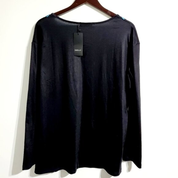 NWT Sheilay  XXL Black Floral V-neck Long Sleeve Pullover Top - Picture 3 of 5